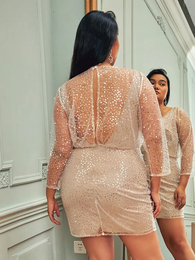 Rhinestone Mesh V Neck Dress