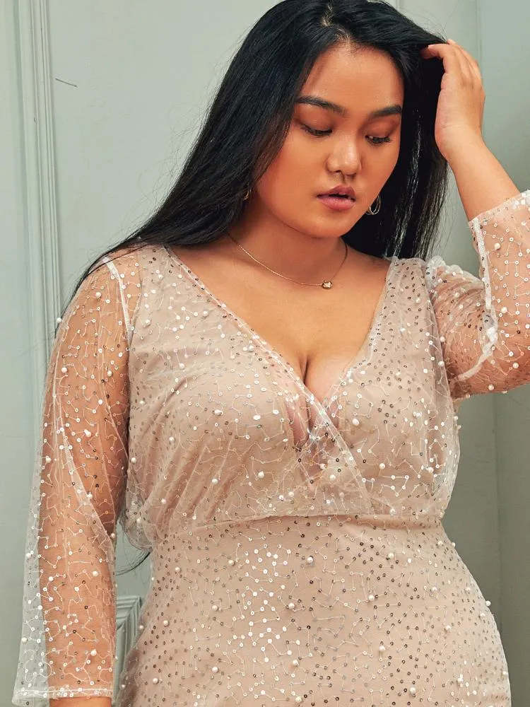 Rhinestone Mesh V Neck Dress