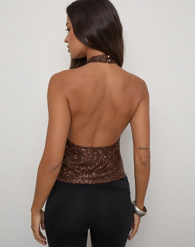 Haut sans manches Beatrice à paillettes, marron foncé