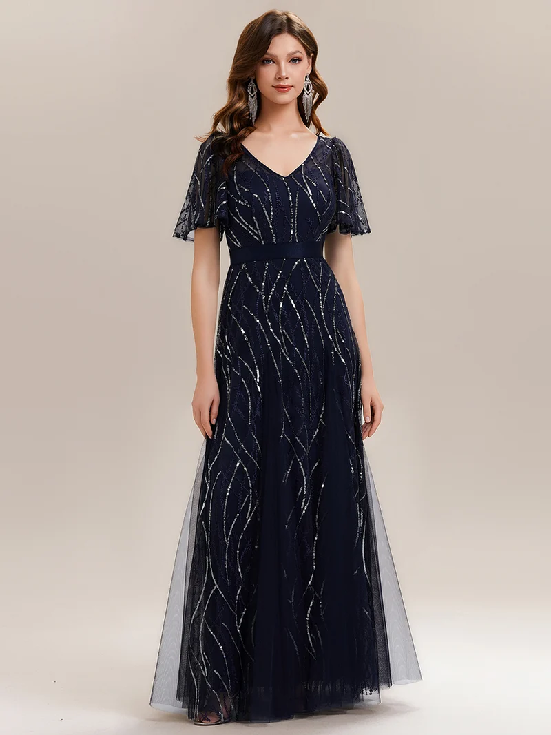 ever VEDA|Robe Longue à Manches Courtes à Volants Col V avec Détails en Sequins