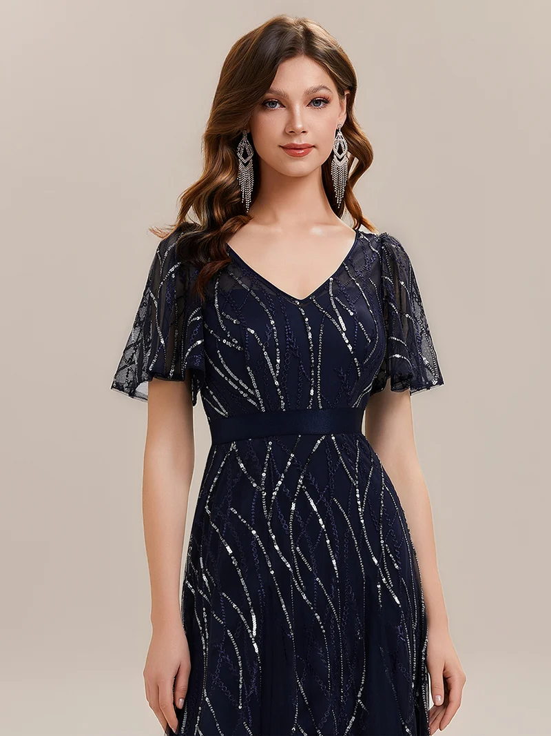 ever VEDA|Robe Longue à Manches Courtes à Volants Col V avec Détails en Sequins