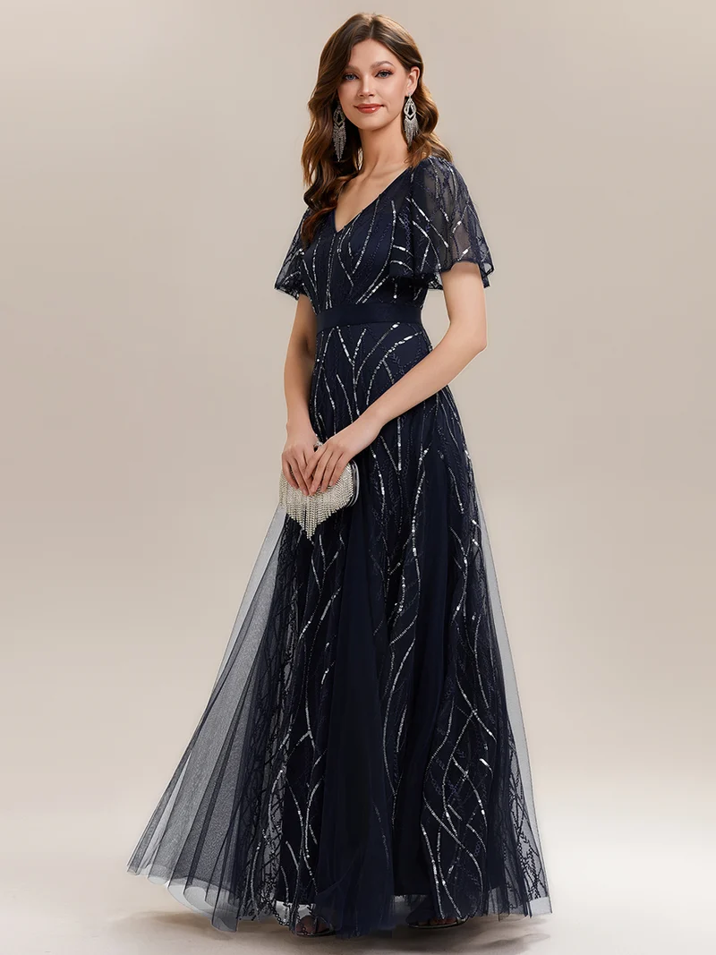 ever VEDA|Robe Longue à Manches Courtes à Volants Col V avec Détails en Sequins