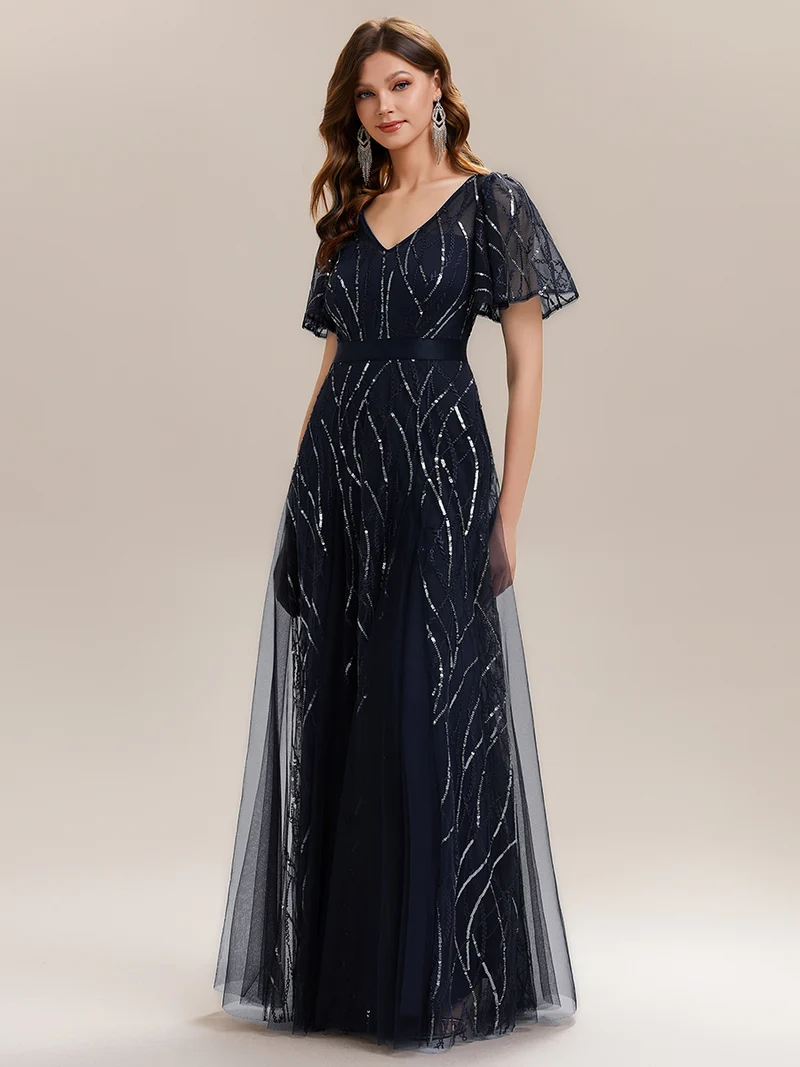 ever VEDA|Robe Longue à Manches Courtes à Volants Col V avec Détails en Sequins