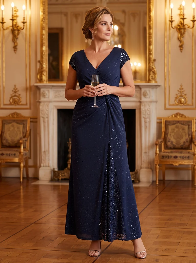 ever KAIA|Robe Moulante Stretch à Manches Courtes Col V Noué avec Sequins