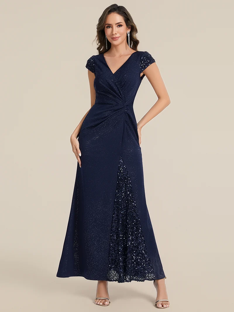 ever KAIA|Robe Moulante Stretch à Manches Courtes Col V Noué avec Sequins
