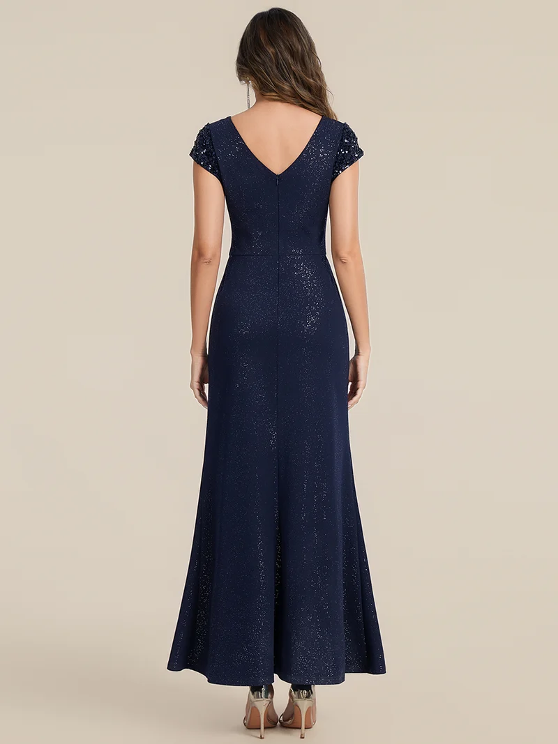 ever KAIA|Robe Moulante Stretch à Manches Courtes Col V Noué avec Sequins