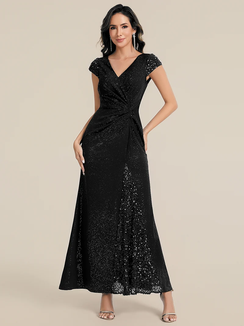 ever KAIA|Robe Moulante Stretch à Manches Courtes Col V Noué avec Sequins