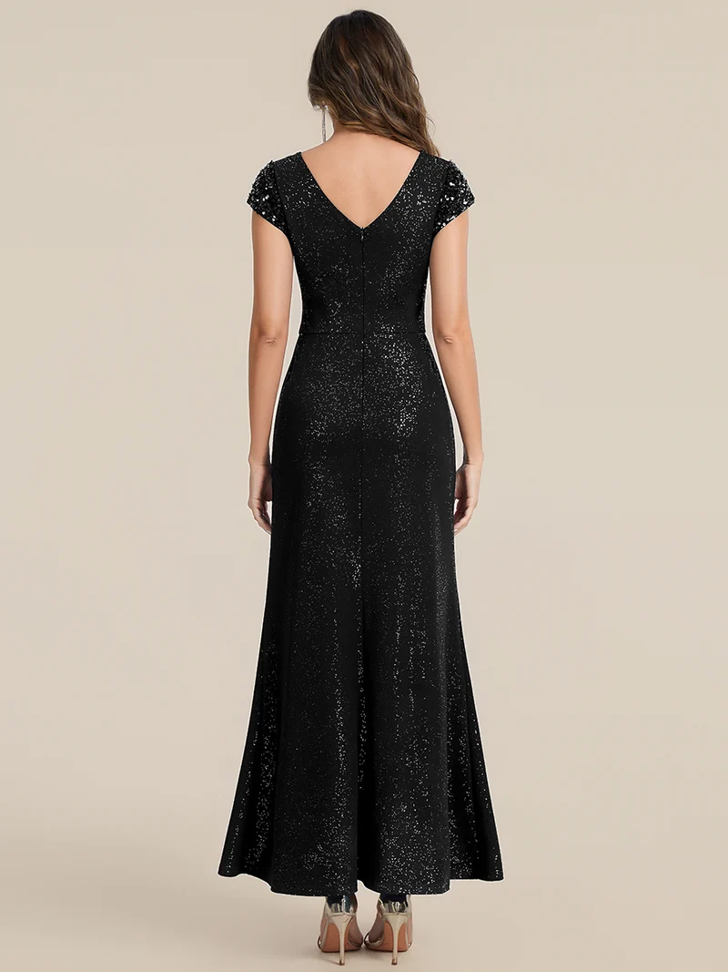 ever KAIA|Robe Moulante Stretch à Manches Courtes Col V Noué avec Sequins