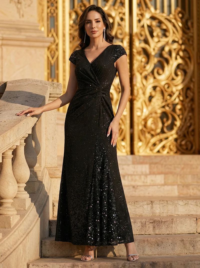 ever KAIA|Robe Moulante Stretch à Manches Courtes Col V Noué avec Sequins