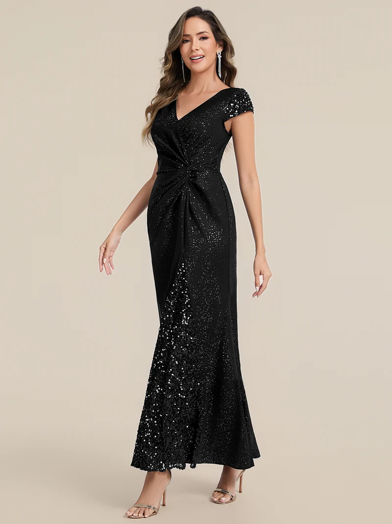 ever KAIA|Robe Moulante Stretch à Manches Courtes Col V Noué avec Sequins