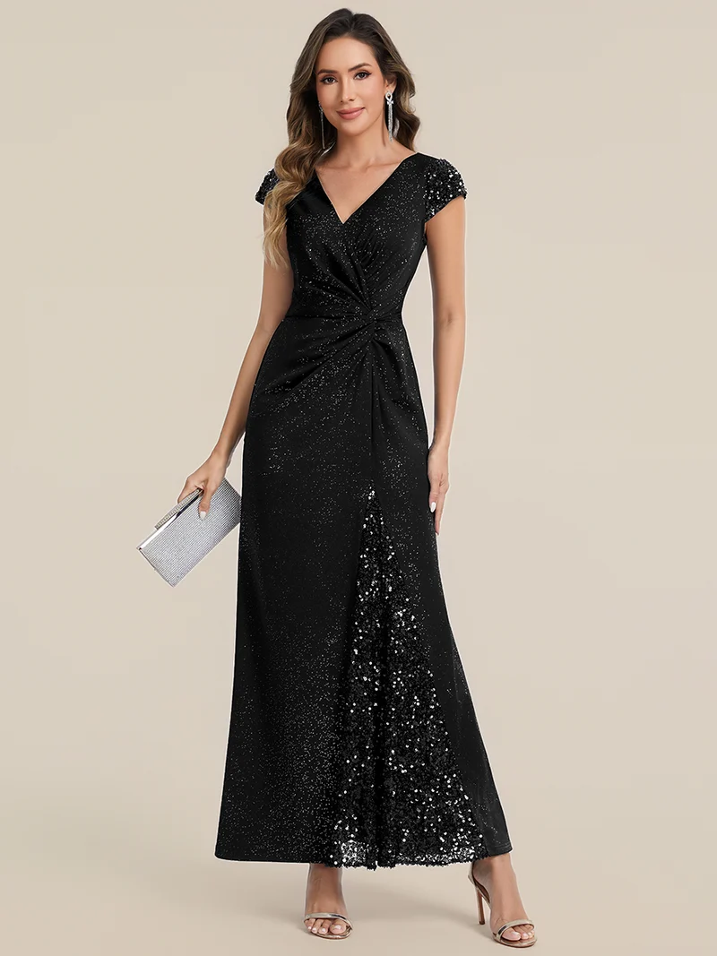 ever KAIA|Robe Moulante Stretch à Manches Courtes Col V Noué avec Sequins