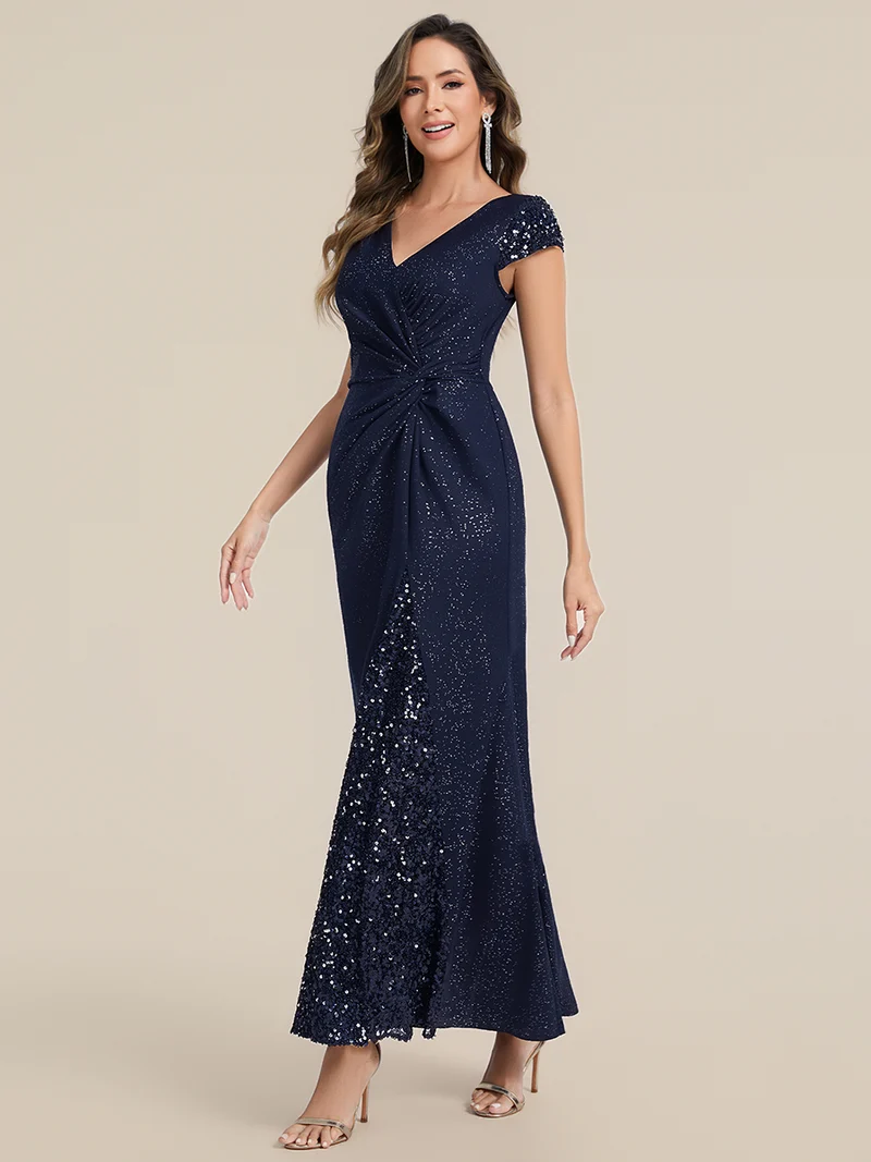 ever KAIA|Robe Moulante Stretch à Manches Courtes Col V Noué avec Sequins