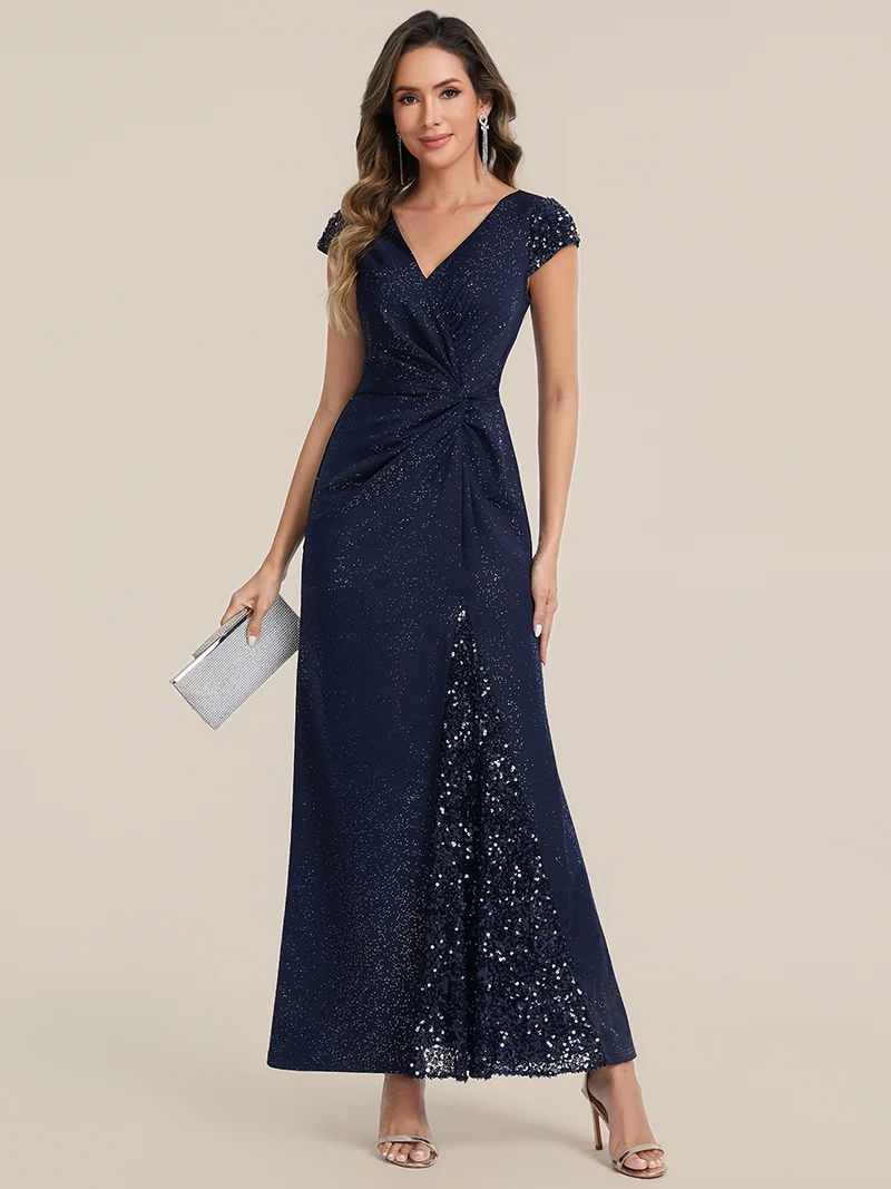 ever KAIA|Robe Moulante Stretch à Manches Courtes Col V Noué avec Sequins