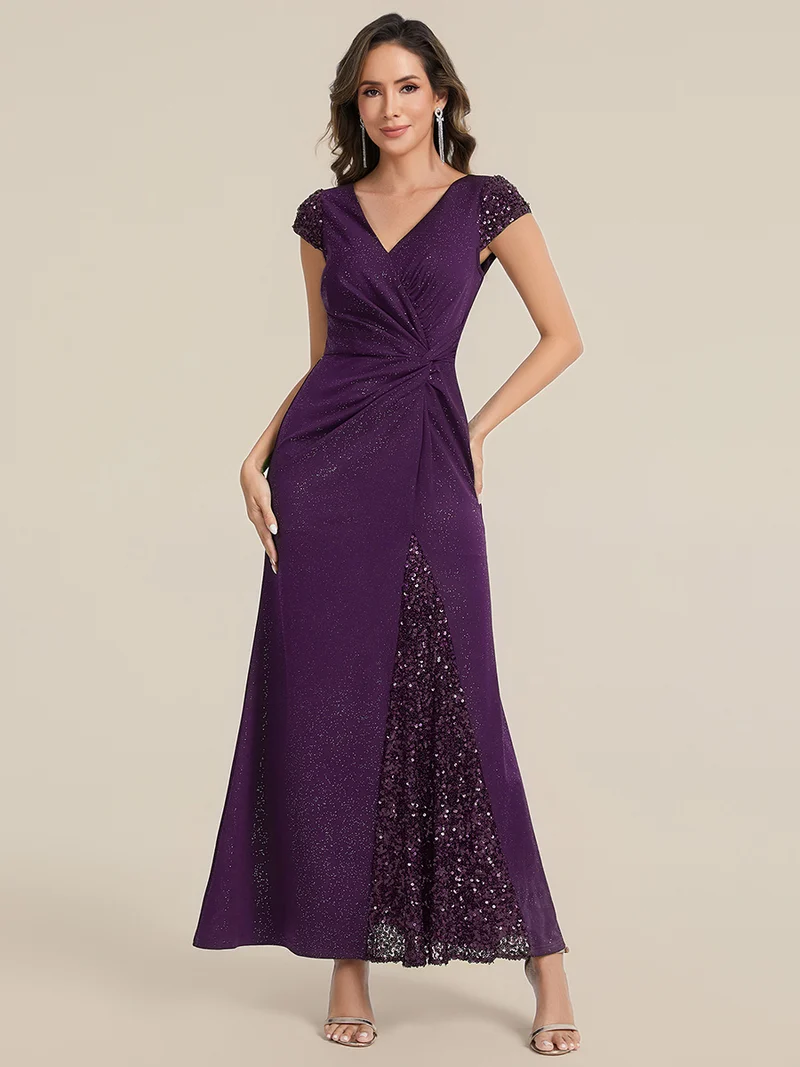 ever KAIA|Robe Moulante Stretch à Manches Courtes Col V Noué avec Sequins
