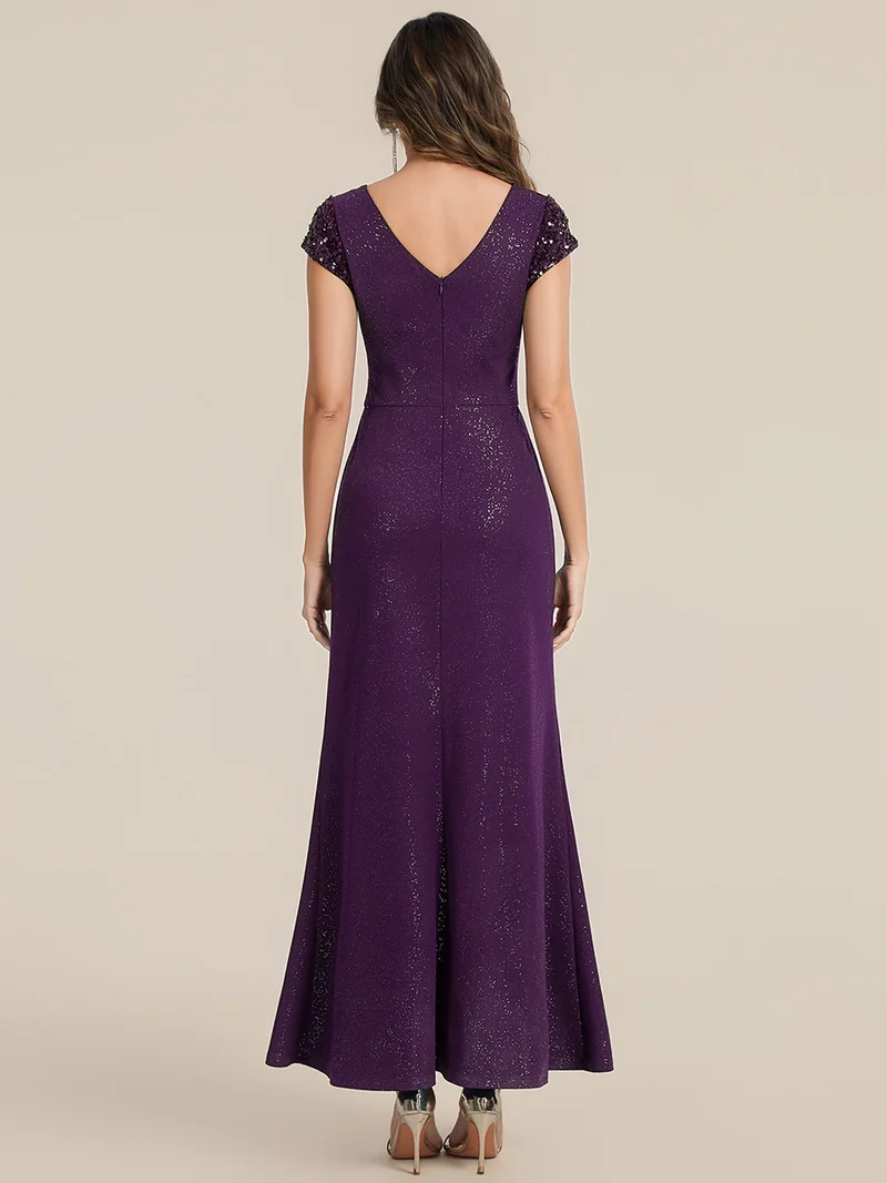 ever KAIA|Robe Moulante Stretch à Manches Courtes Col V Noué avec Sequins