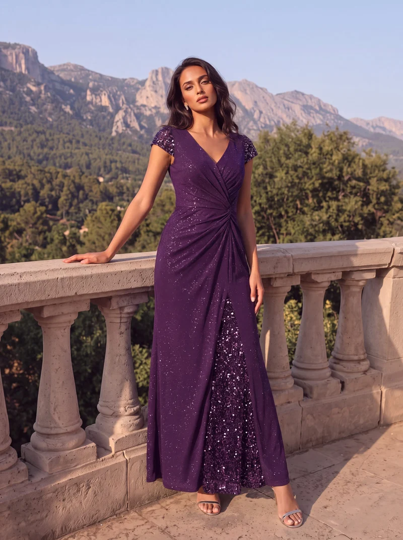 ever KAIA|Robe Moulante Stretch à Manches Courtes Col V Noué avec Sequins
