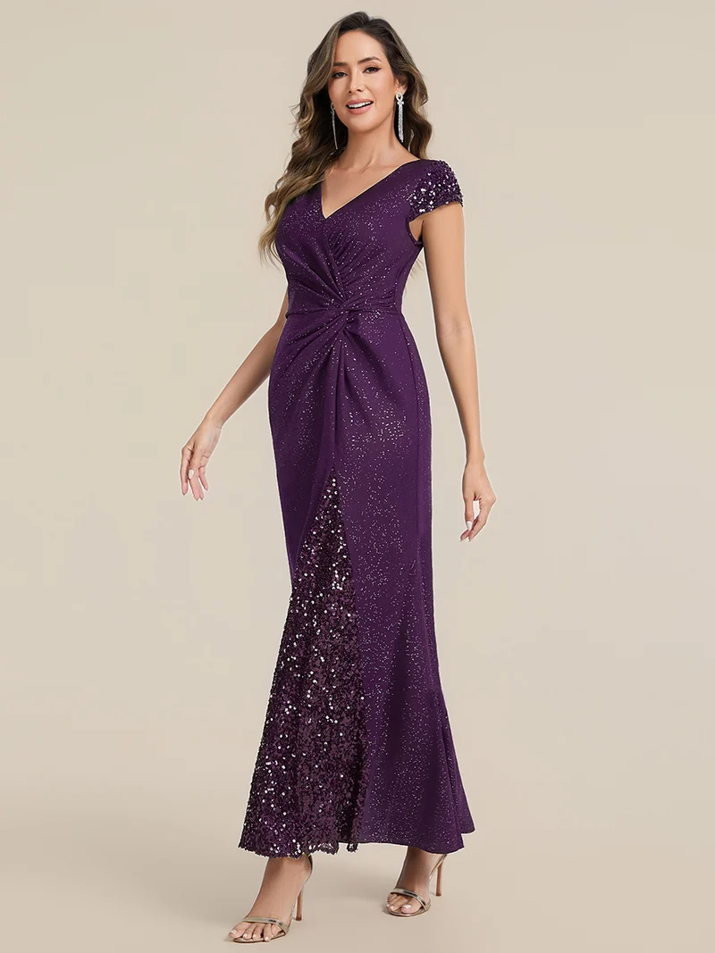 ever KAIA|Robe Moulante Stretch à Manches Courtes Col V Noué avec Sequins
