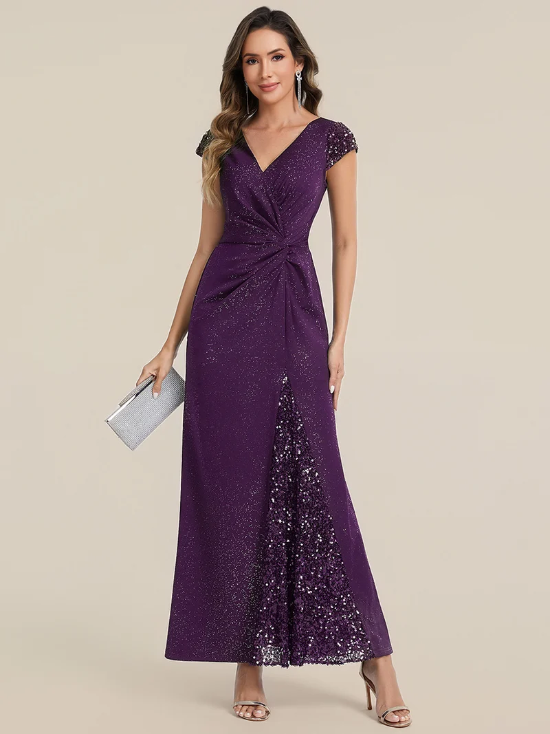 ever KAIA|Robe Moulante Stretch à Manches Courtes Col V Noué avec Sequins
