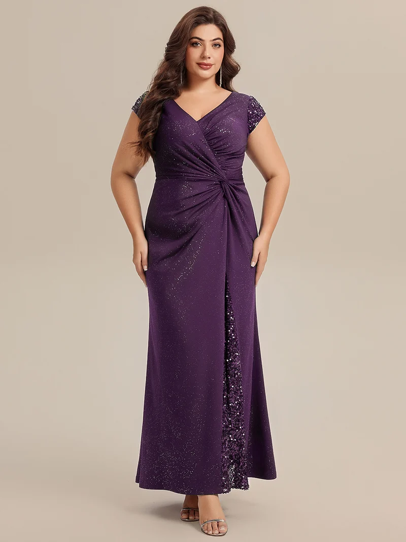 ever KAIA|Robe Moulante Stretch à Manches Courtes Col V Noué avec Sequins