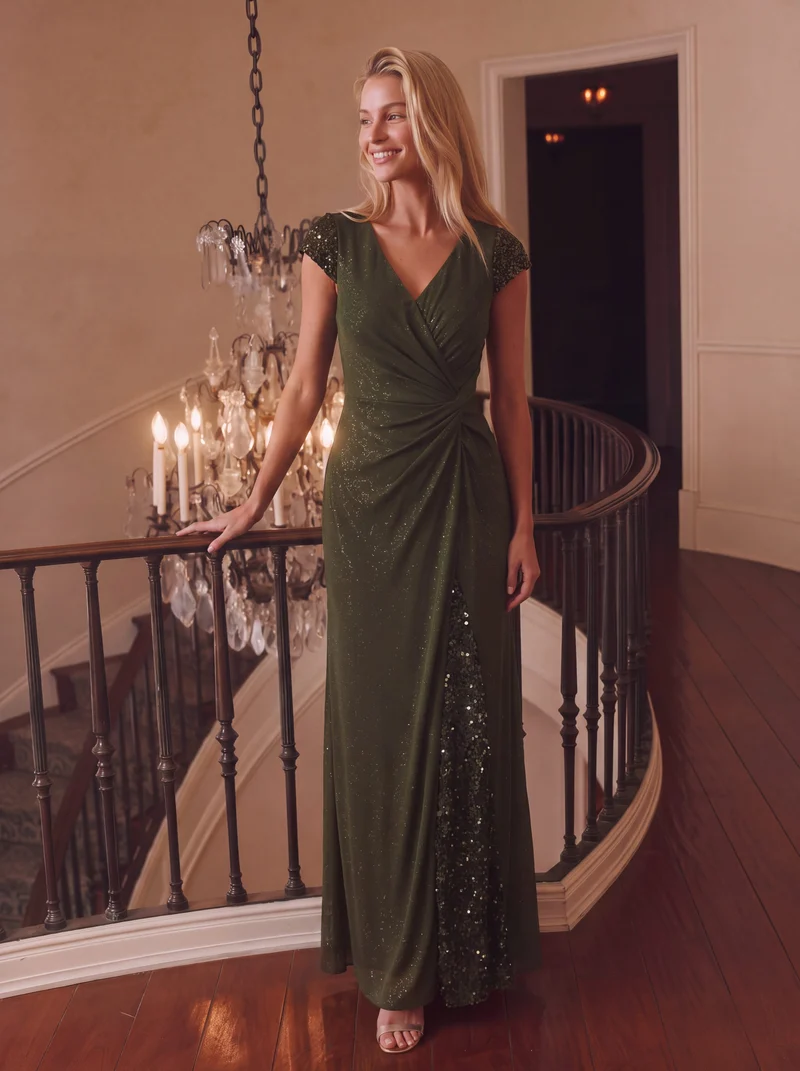 ever KAIA|Robe Moulante Stretch à Manches Courtes Col V Noué avec Sequins