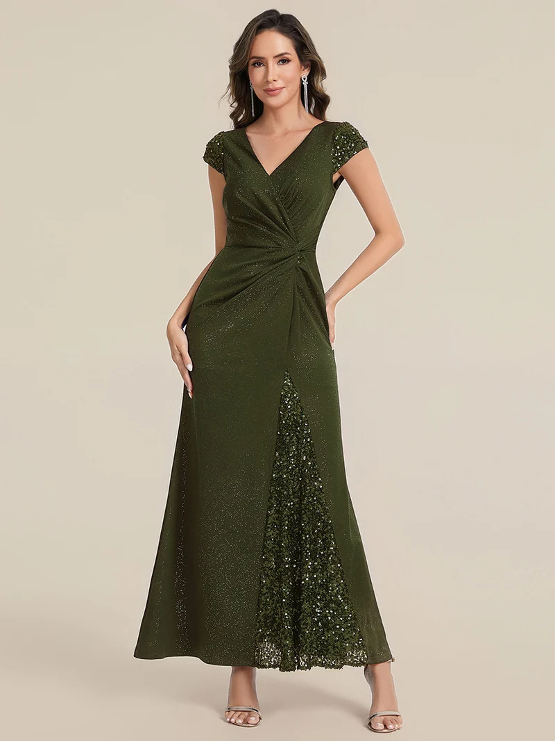 ever KAIA|Robe Moulante Stretch à Manches Courtes Col V Noué avec Sequins