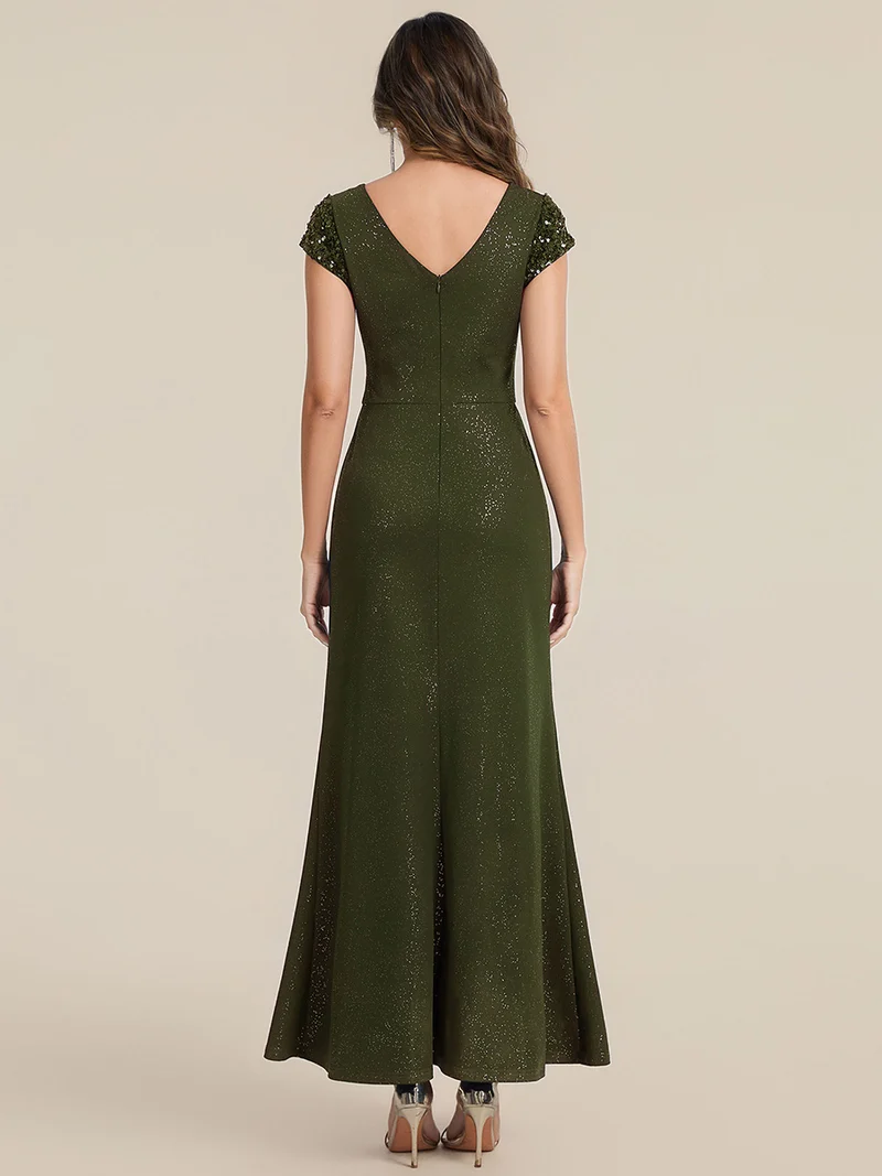 ever KAIA|Robe Moulante Stretch à Manches Courtes Col V Noué avec Sequins