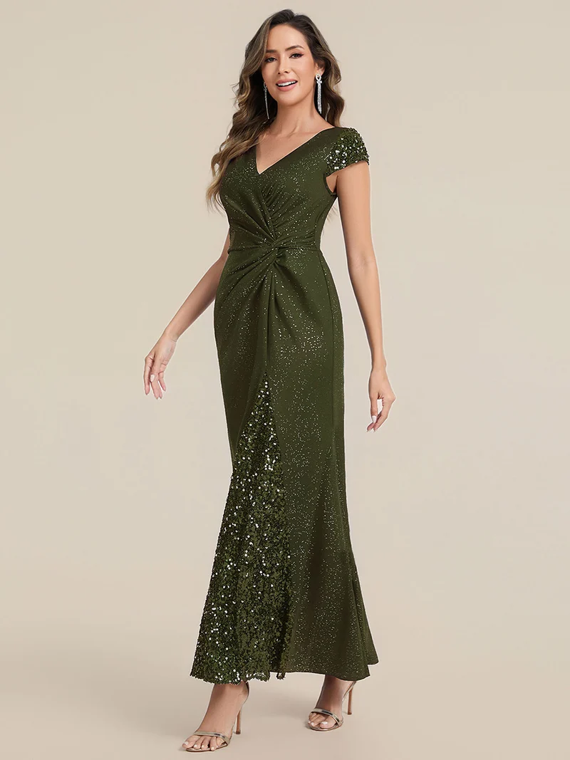 ever KAIA|Robe Moulante Stretch à Manches Courtes Col V Noué avec Sequins