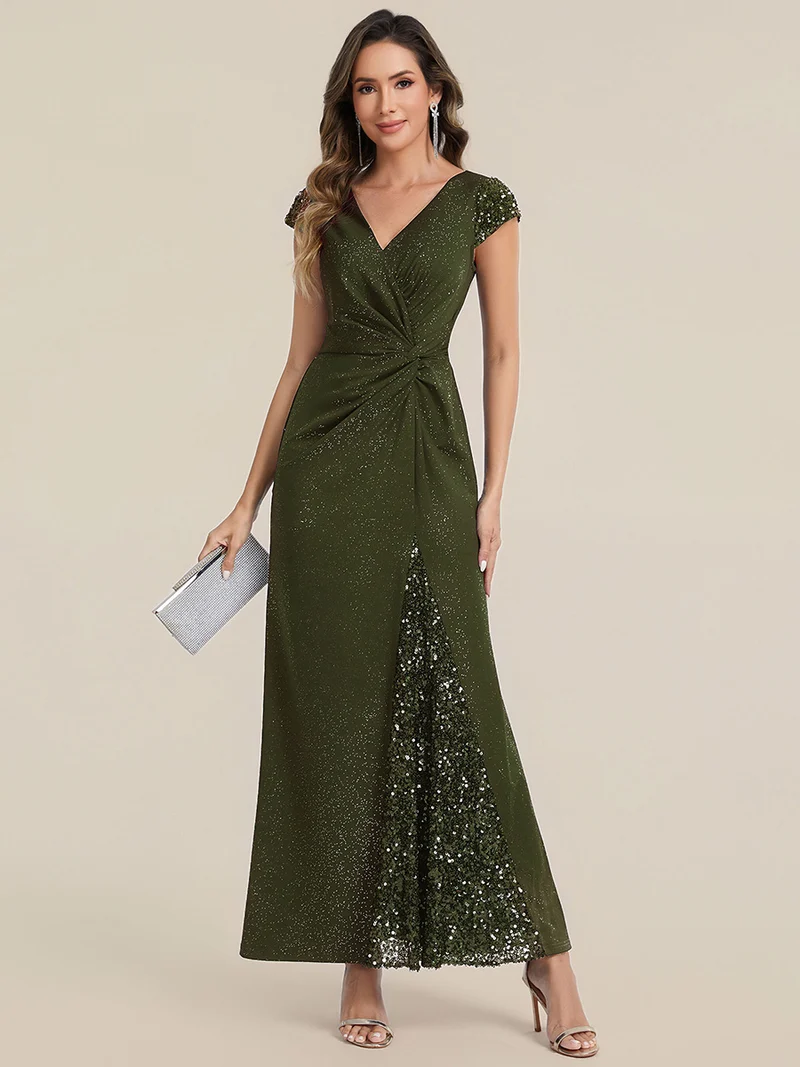 ever KAIA|Robe Moulante Stretch à Manches Courtes Col V Noué avec Sequins