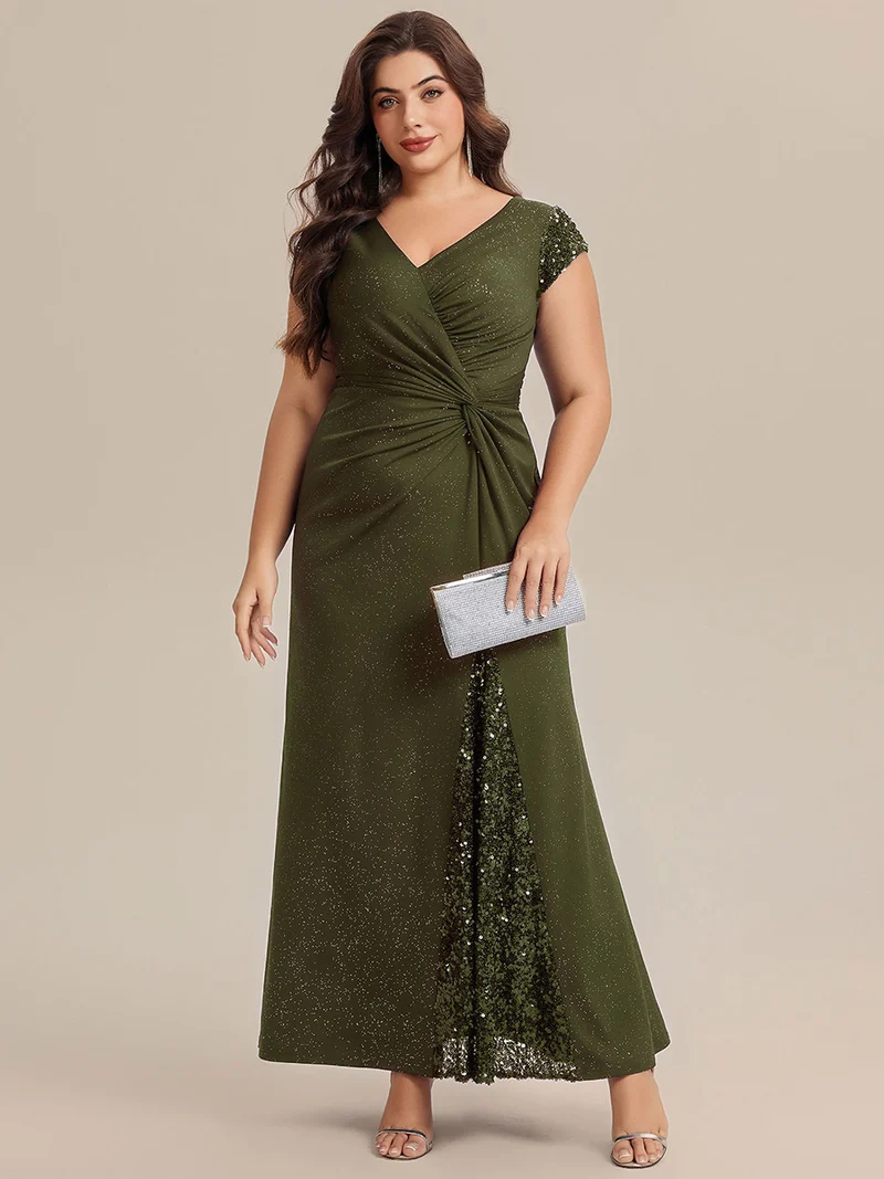 ever KAIA|Robe Moulante Stretch à Manches Courtes Col V Noué avec Sequins