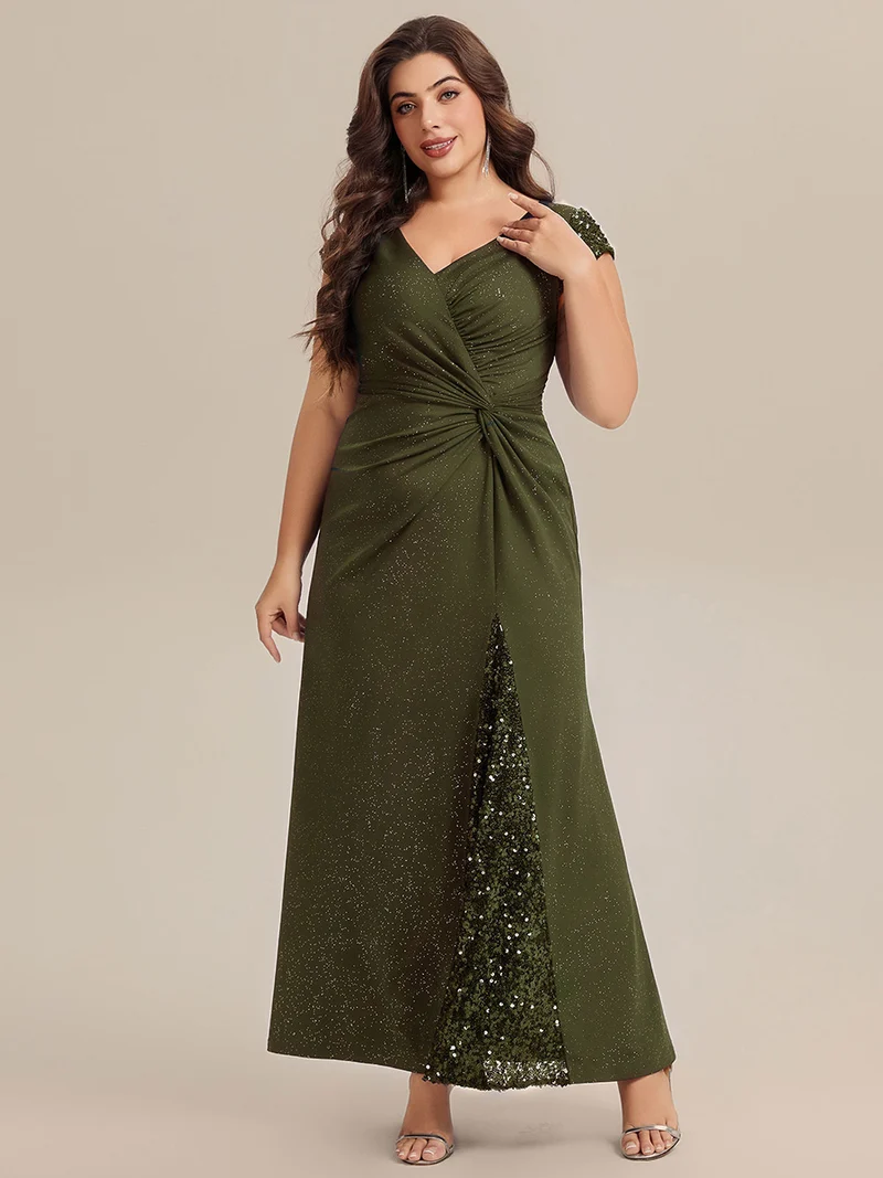 ever KAIA|Robe Moulante Stretch à Manches Courtes Col V Noué avec Sequins