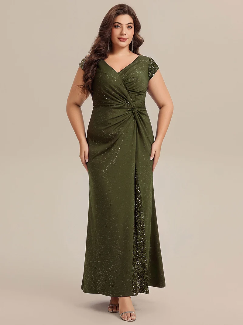 ever KAIA|Robe Moulante Stretch à Manches Courtes Col V Noué avec Sequins