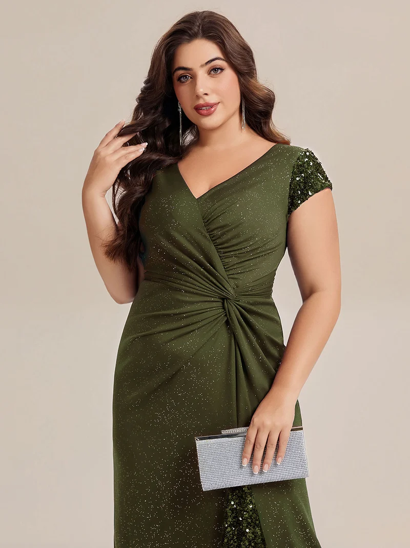 ever KAIA|Robe Moulante Stretch à Manches Courtes Col V Noué avec Sequins