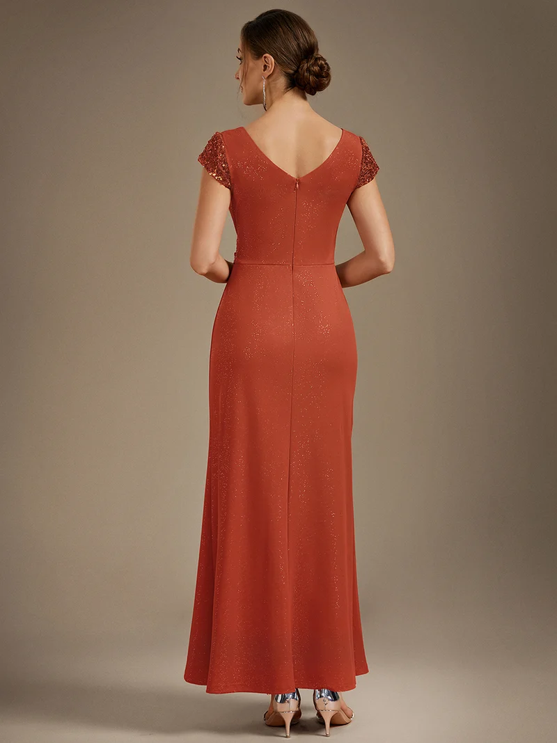 ever KAIA|Robe Moulante Stretch à Manches Courtes Col V Noué avec Sequins