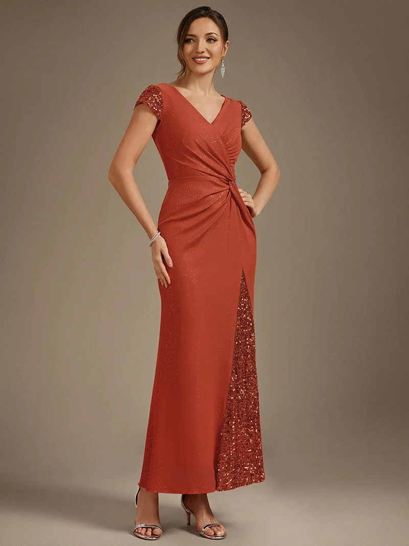 ever KAIA|Robe Moulante Stretch à Manches Courtes Col V Noué avec Sequins