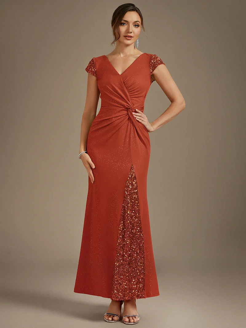 ever KAIA|Robe Moulante Stretch à Manches Courtes Col V Noué avec Sequins