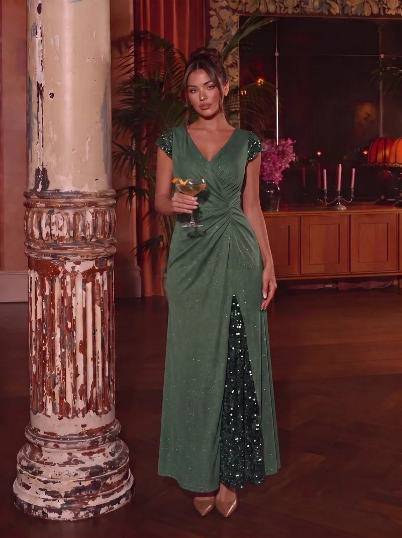 ever KAIA|Robe Moulante Stretch à Manches Courtes Col V Noué avec Sequins