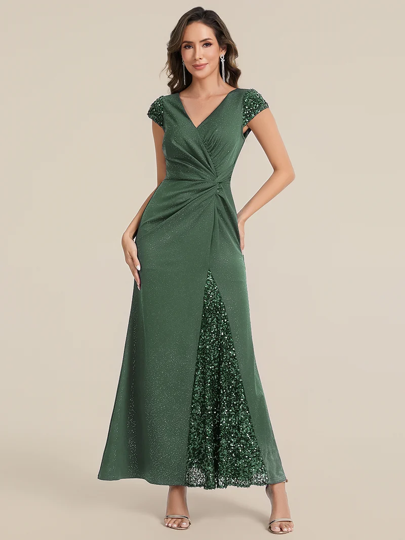 ever KAIA|Robe Moulante Stretch à Manches Courtes Col V Noué avec Sequins