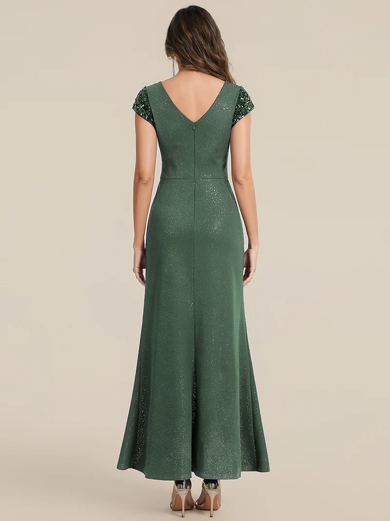 ever KAIA|Robe Moulante Stretch à Manches Courtes Col V Noué avec Sequins