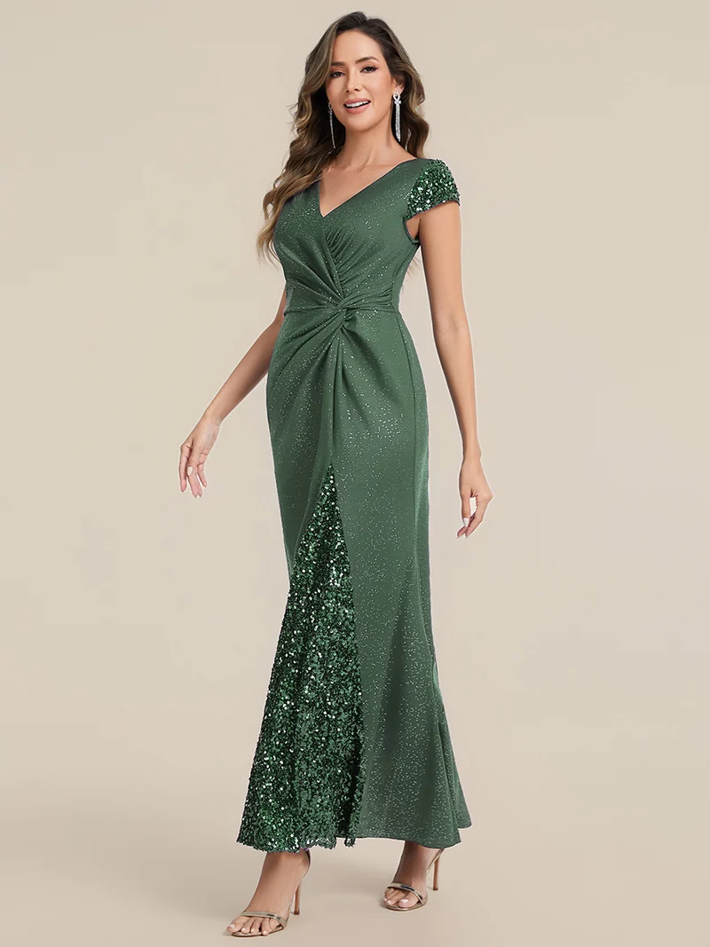 ever KAIA|Robe Moulante Stretch à Manches Courtes Col V Noué avec Sequins