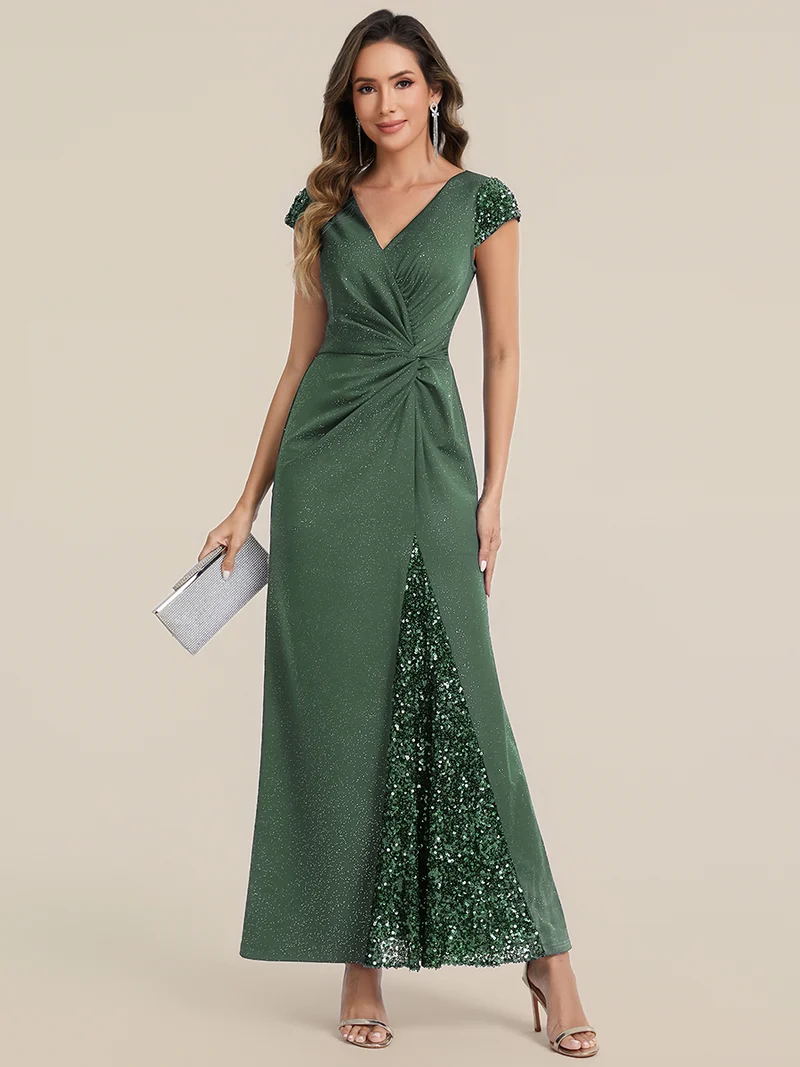 ever KAIA|Robe Moulante Stretch à Manches Courtes Col V Noué avec Sequins