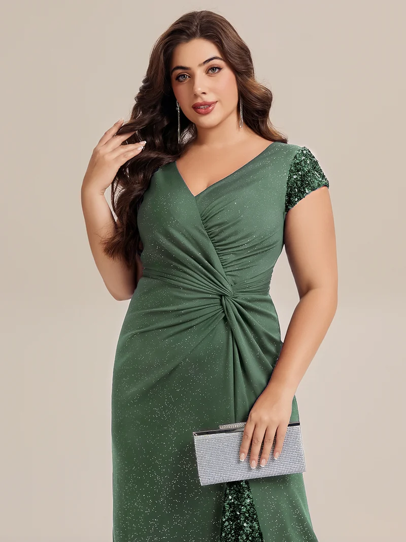 ever KAIA|Robe Moulante Stretch à Manches Courtes Col V Noué avec Sequins