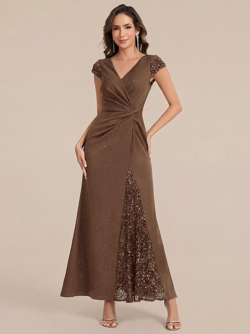 ever KAIA|Robe Moulante Stretch à Manches Courtes Col V Noué avec Sequins