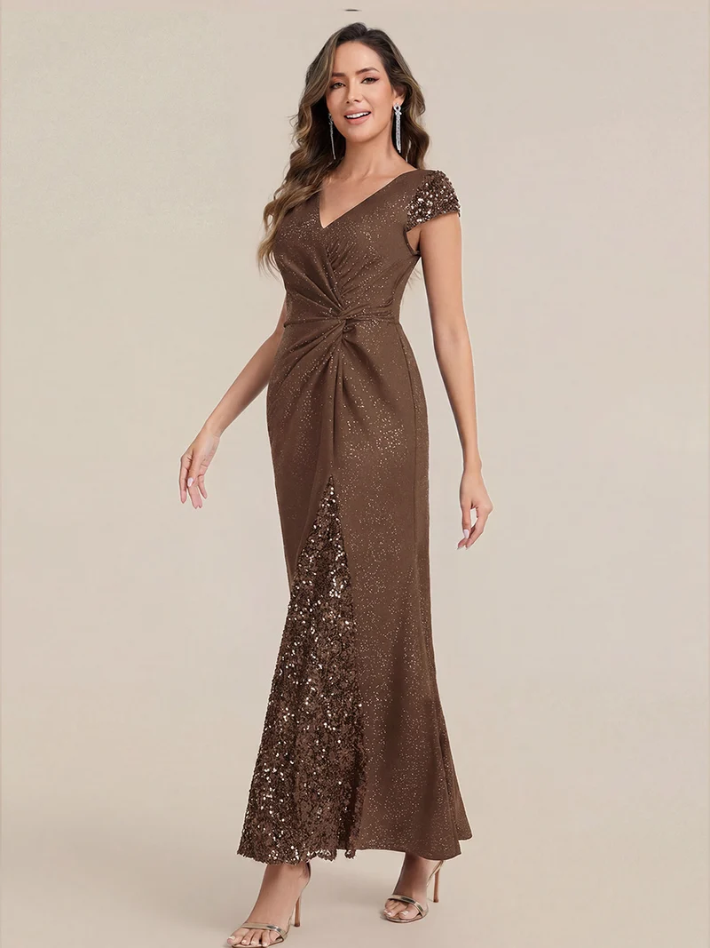 ever KAIA|Robe Moulante Stretch à Manches Courtes Col V Noué avec Sequins