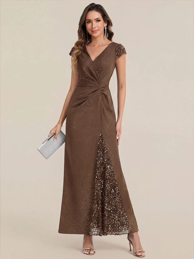 ever KAIA|Robe Moulante Stretch à Manches Courtes Col V Noué avec Sequins