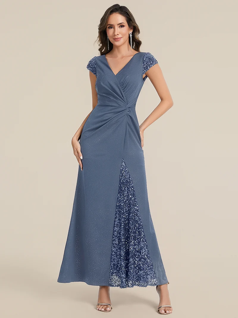 ever KAIA|Robe Moulante Stretch à Manches Courtes Col V Noué avec Sequins