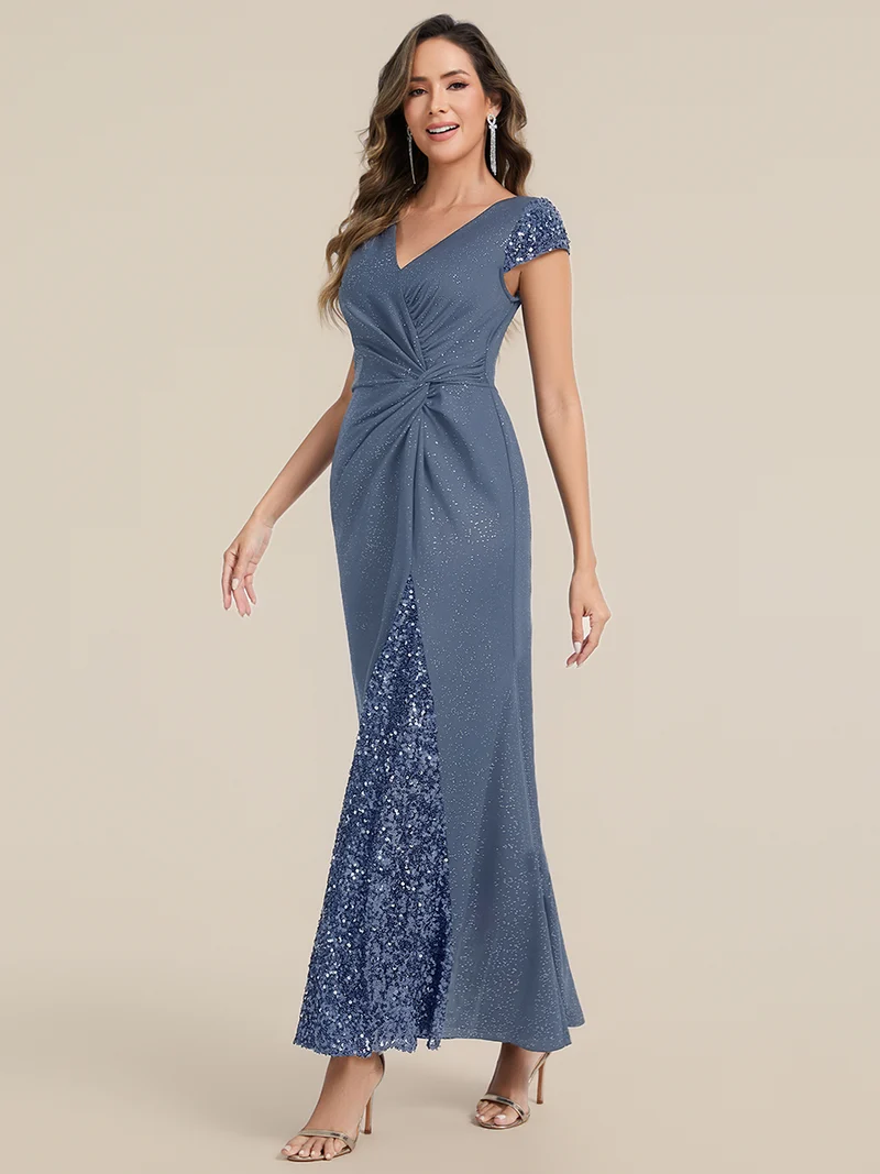 ever KAIA|Robe Moulante Stretch à Manches Courtes Col V Noué avec Sequins