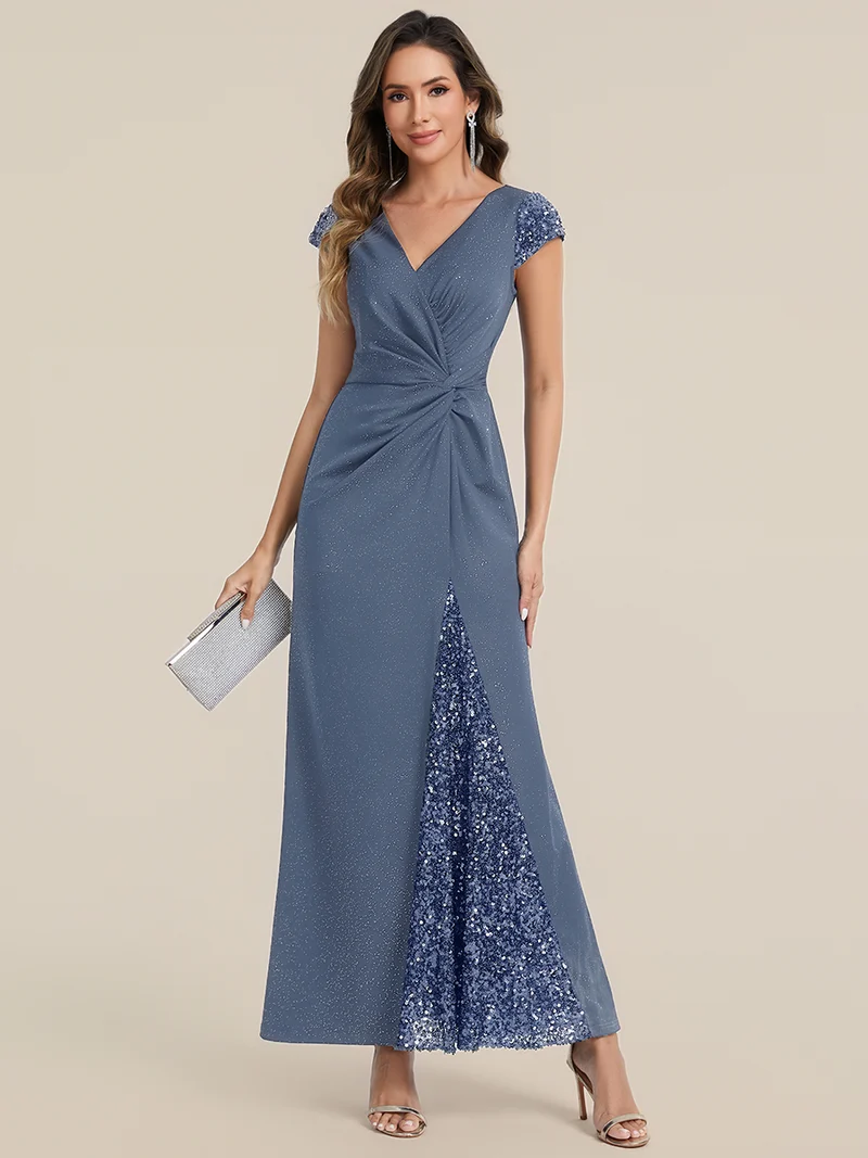 ever KAIA|Robe Moulante Stretch à Manches Courtes Col V Noué avec Sequins