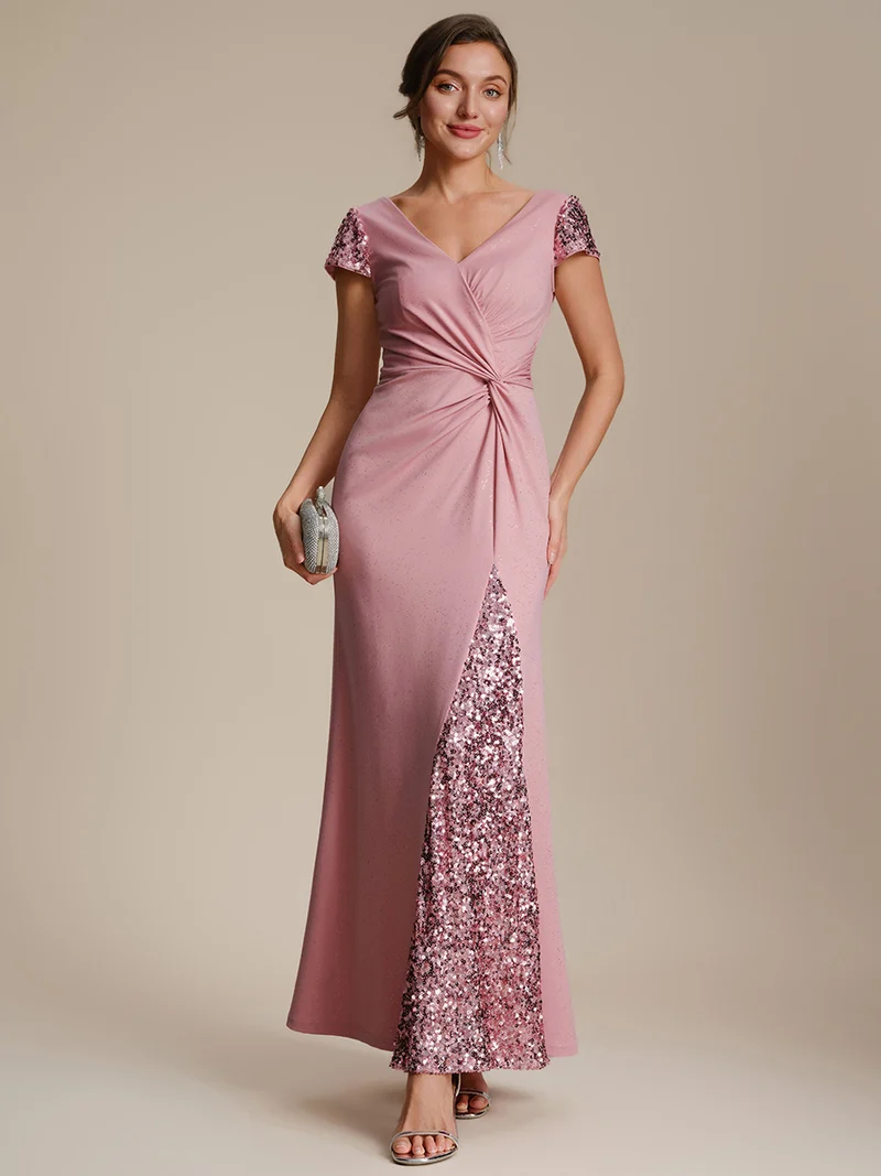 ever KAIA|Robe Moulante Stretch à Manches Courtes Col V Noué avec Sequins