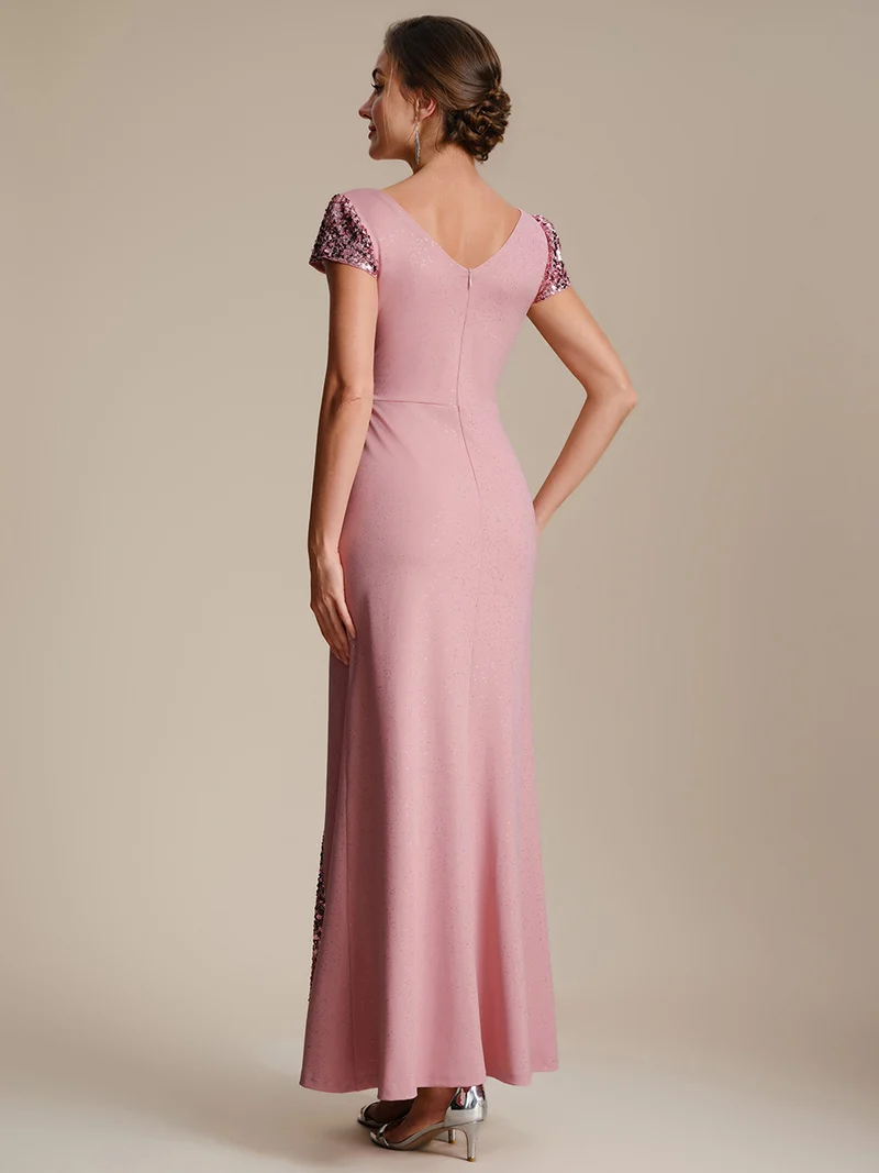 ever KAIA|Robe Moulante Stretch à Manches Courtes Col V Noué avec Sequins