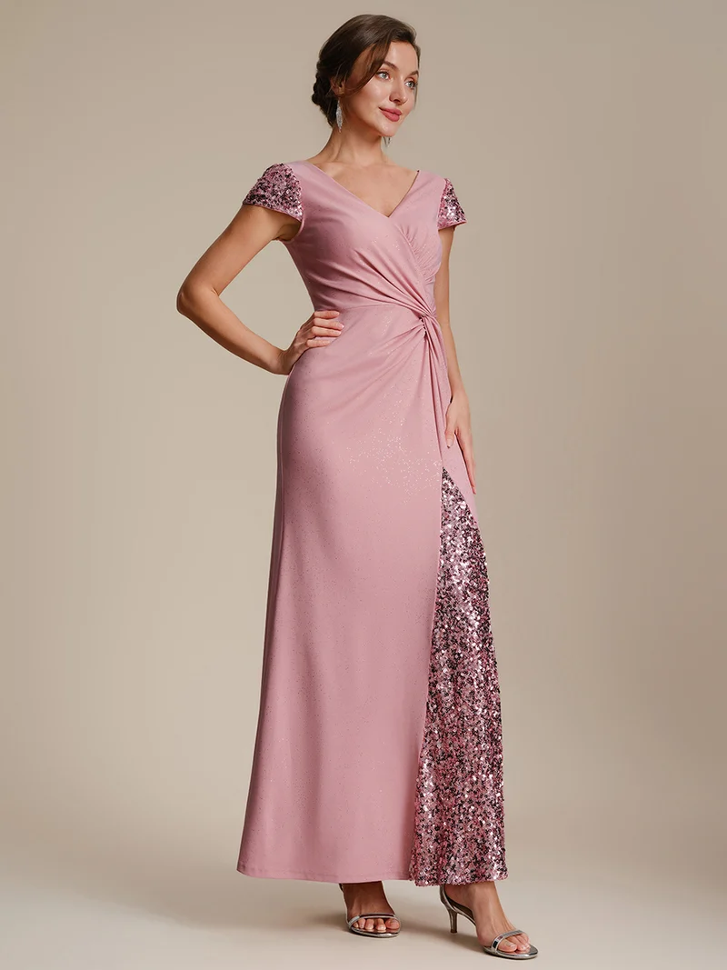 ever KAIA|Robe Moulante Stretch à Manches Courtes Col V Noué avec Sequins